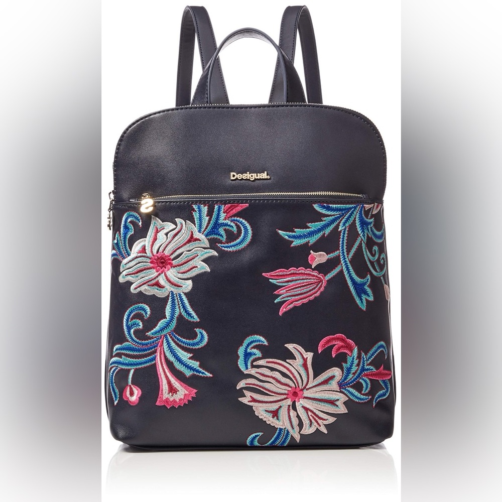 Desigual Women's Embroidered Backpack - Black with Blue and Pink